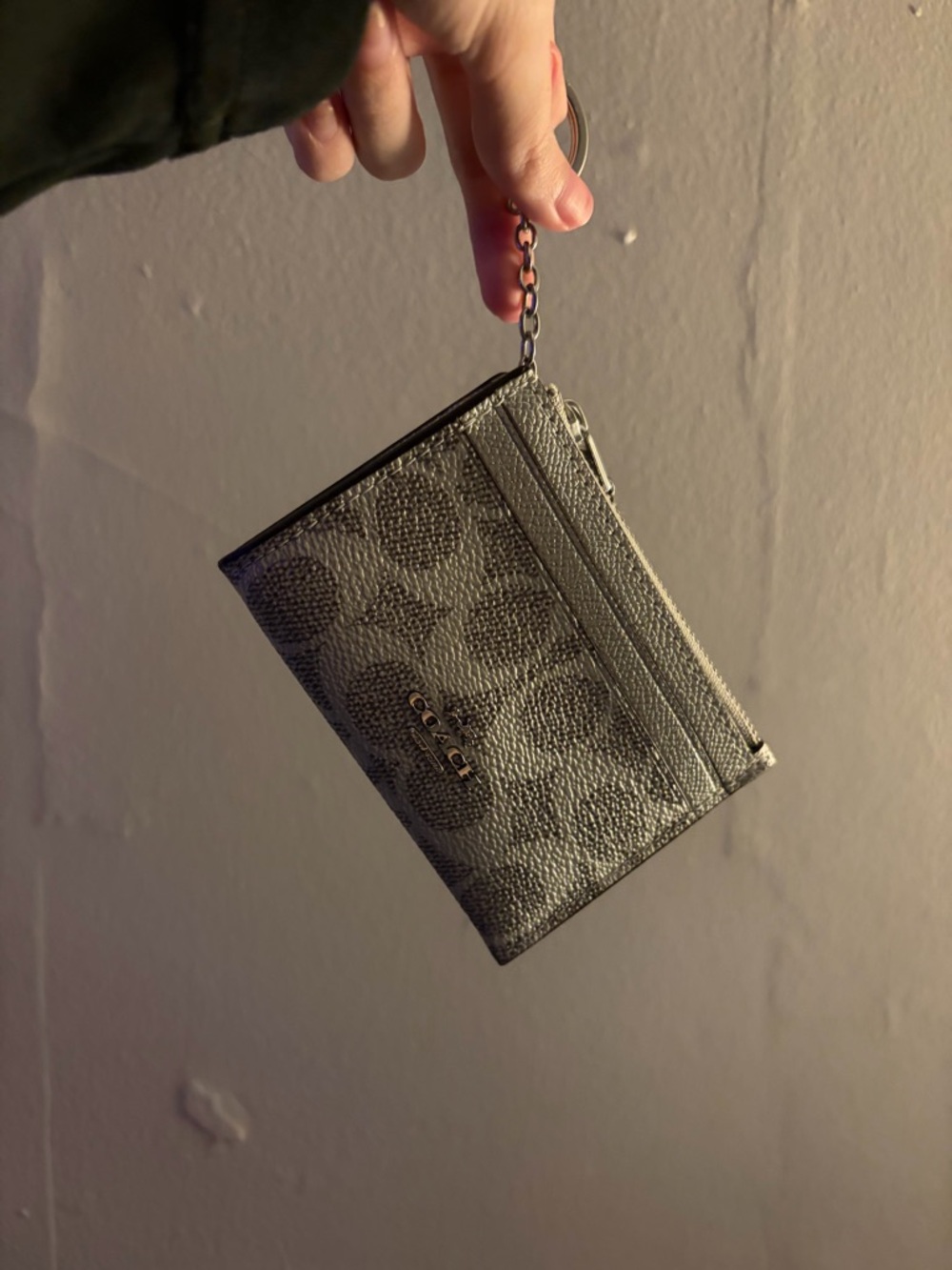 Coach Silver Signature Zip Card Case Keychain